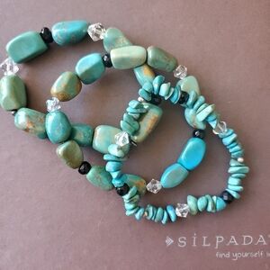 Rare Silpada Sterling Silver Turquoise & Obsidian Stretch Bracelet Set B1640